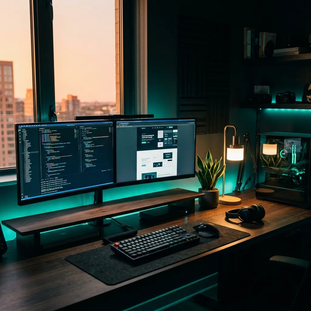 Creative developer workspace with monitors and warm lighting