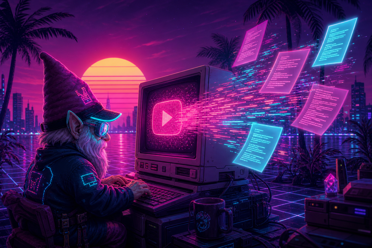 Vaporwave gnome harvesting glowing captions from a CRT